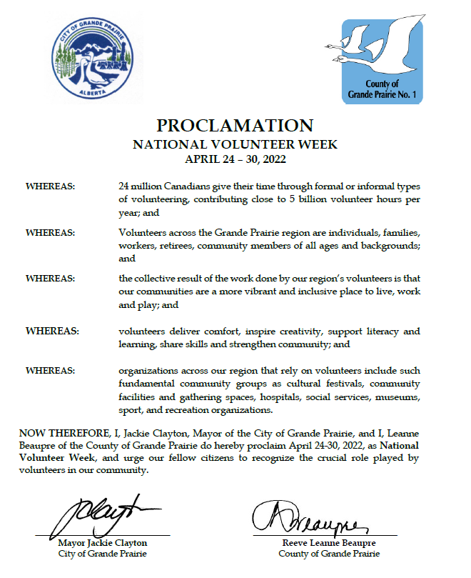 National Volunteer Week Proclamation from the City and County of Grande Prairie- April 24 - 30 2022